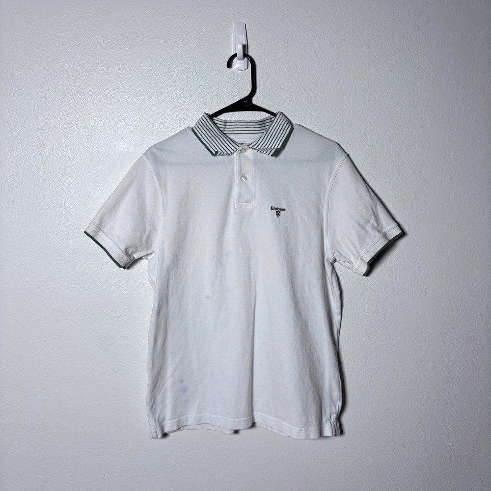 Barbour Mens White Pique Polo Shirt Green Striped Collar Large Made in Portugal